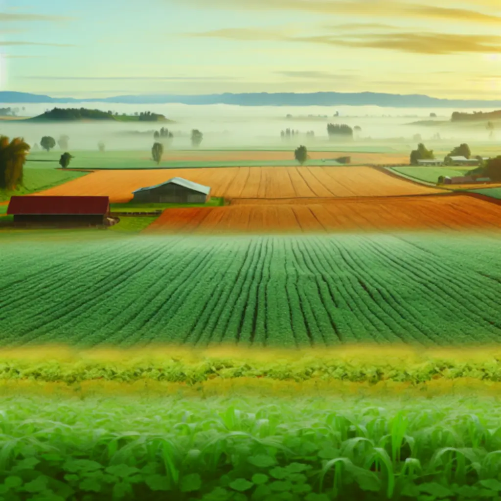 Uitgestrekte boerderijvelden bij zonsopgang