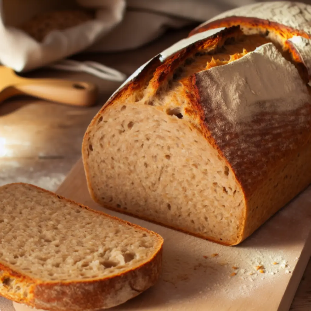 Ambachtelijk volkoren speltbrood op snijplank