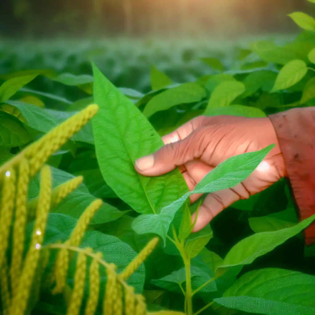 Hand die gezonde bladeren controleert op een veld