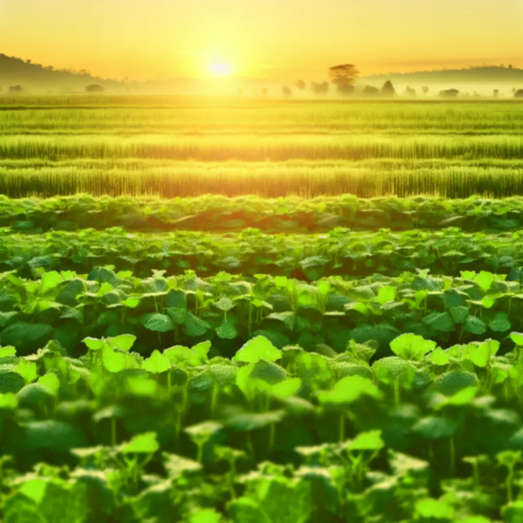 Uitgestrekte groene velden met biologische teelten bij zonsopkomst