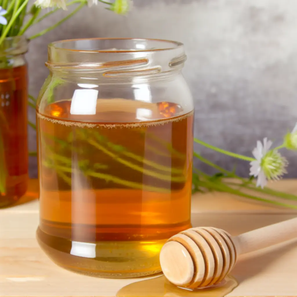 Glazen pot bloemenhoning met houten lepel