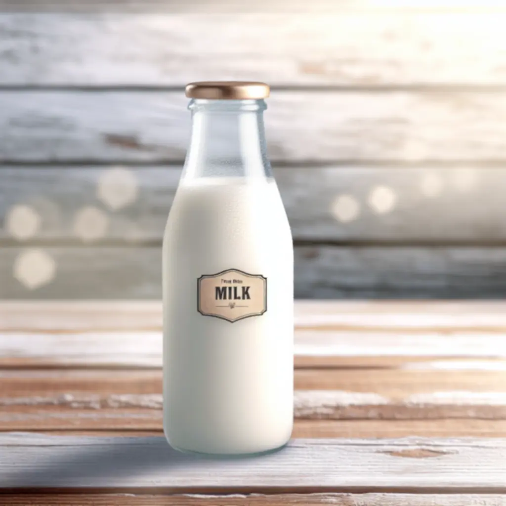 Fles verse boerenmelk op een houten tafel